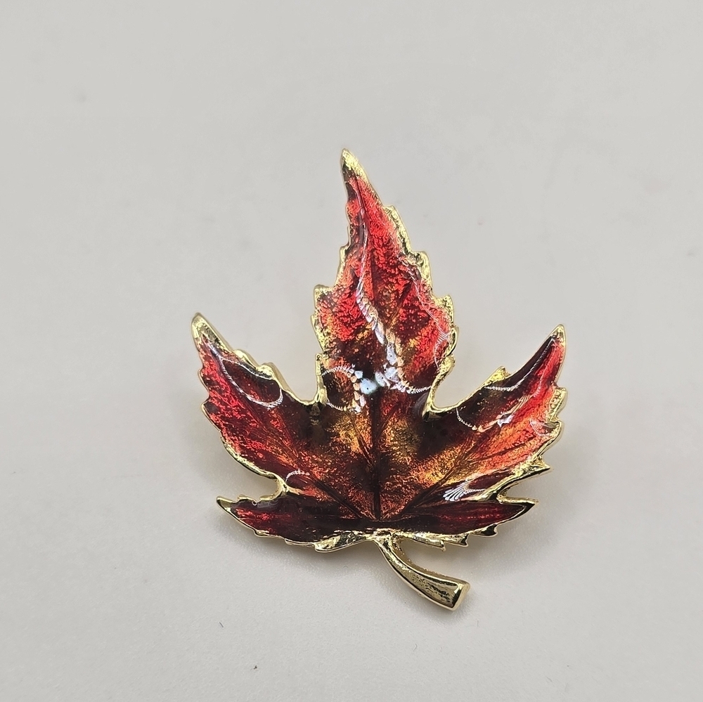 Vintage Red and Gold Leaf Brooch signed PLUME